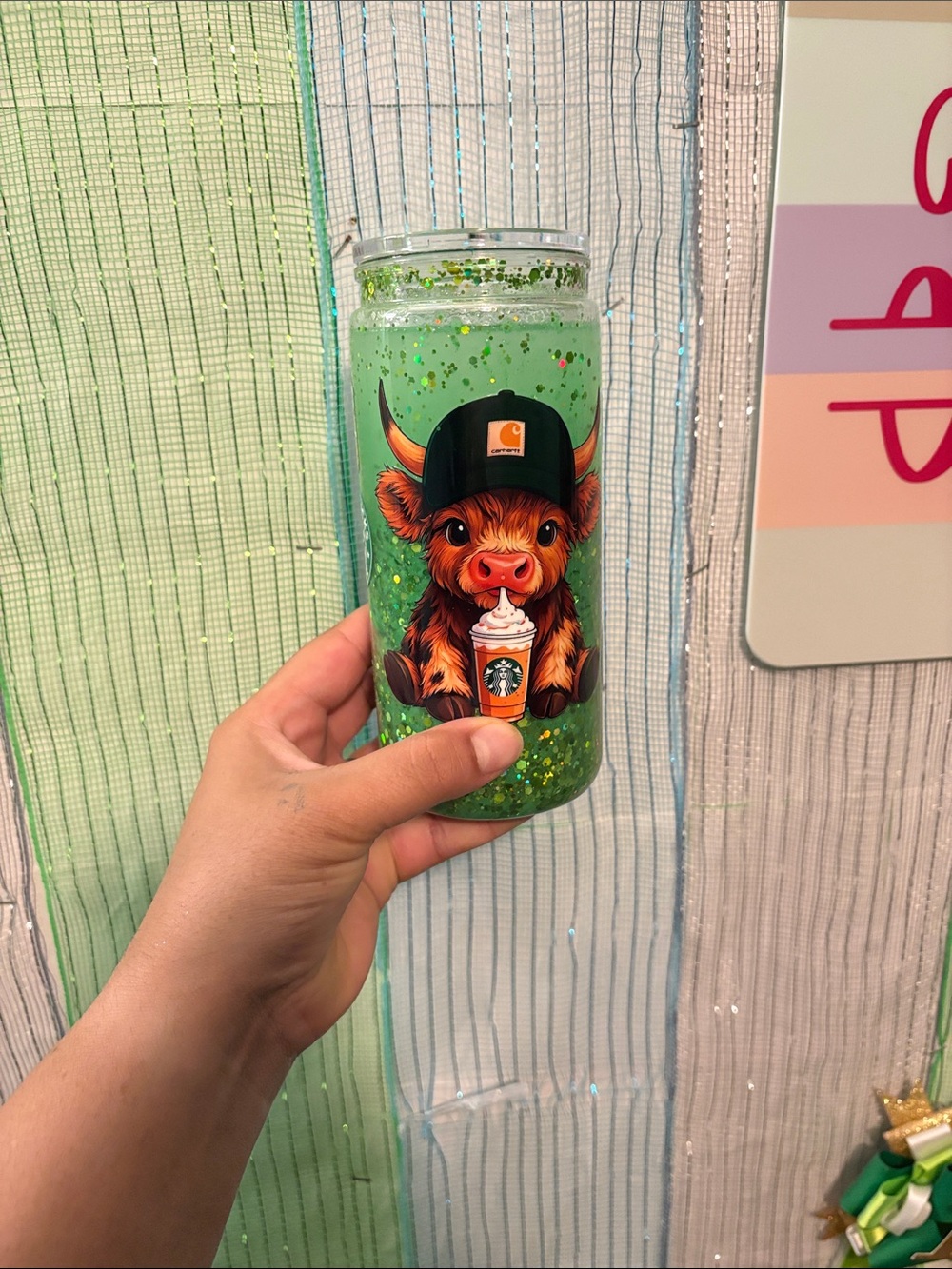 Green Glitter Cow Tumbler